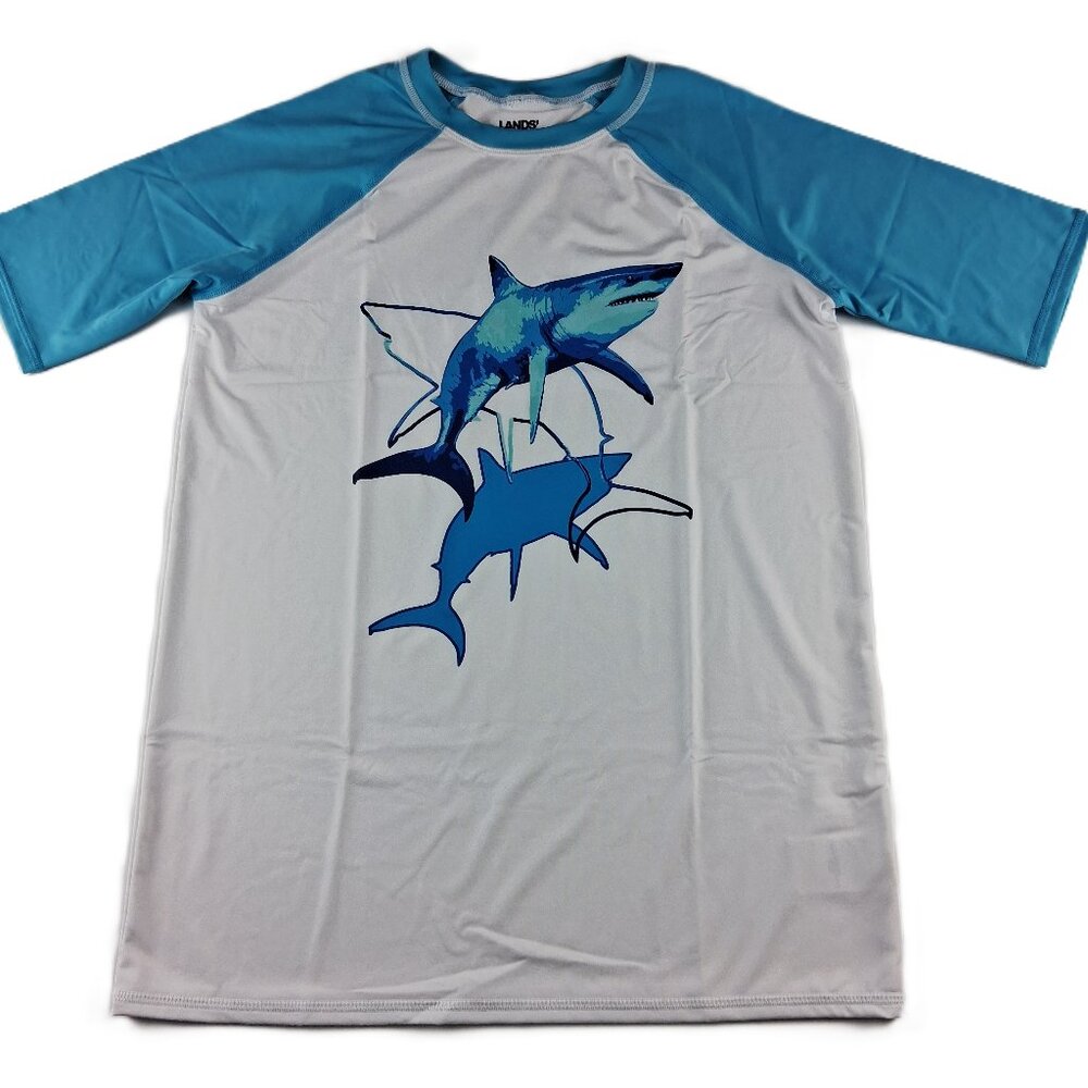 Lands' End Short Sleeve Rash Guard Boys Size XXL Blue Sharks UPF 50 Swim